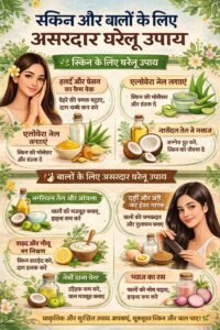 स्किन और बालों के लिए असरदार घरेलू उपाय आज के समय में हर कोई चाहता है कि उसकी स्किन ग्लोइंग हो और बाल घने, मजबूत और चमकदार दिखें। लेकिन केमिकल युक्त प्रोडक्ट्स के ज्यादा इस्तेमाल से कई बार स्किन और बालों को नुकसान भी हो सकता है। ऐसे में घरेलू और प्राकृतिक उपाय सबसे सुरक्षित और असरदार विकल्प होते हैं। 🌿 स्किन के लिए असरदार घरेलू उपाय 1. हल्दी और बेसन का फेस पैक हल्दी में एंटी-बैक्टीरियल गुण होते हैं और बेसन स्किन को साफ करता है। दोनों को दूध या गुलाब जल में मिलाकर फेस पर लगाएं। इससे स्किन साफ और चमकदार बनती है। 2. एलोवेरा जेल का उपयोग एलोवेरा स्किन को ठंडक देता है और मॉइस्चराइज करता है। रोजाना एलोवेरा जेल लगाने से पिंपल्स और दाग-धब्बे कम होते हैं। 3. शहद और नींबू का मिश्रण शहद स्किन को हाइड्रेट करता है और नींबू दाग-धब्बे हल्के करता है। इसे 10–15 मिनट के लिए लगाकर धो लें। 4. नारियल तेल से मसाज नारियल तेल स्किन को पोषण देता है और ड्रायनेस दूर करता है। रात में सोने से पहले हल्की मसाज करें। 💇 बालों के लिए असरदार घरेलू उपाय 1. नारियल तेल और आंवला नारियल तेल में आंवला मिलाकर बालों की जड़ों में लगाएं। इससे बाल मजबूत होते हैं और झड़ना कम होता है। 2. दही और अंडे का हेयर मास्क दही बालों को मुलायम बनाता है और अंडा प्रोटीन देता है। यह मास्क बालों को चमकदार और हेल्दी बनाता है। 3. मेथी दाना पेस्ट मेथी दाना भिगोकर उसका पेस्ट बनाएं और बालों में लगाएं। इससे डैंड्रफ कम होता है और बाल मजबूत होते हैं। 4. प्याज का रस प्याज का रस बालों की ग्रोथ बढ़ाने में मदद करता है। इसे स्कैल्प पर लगाकर 20–30 मिनट बाद धो लें। ⚠️ किन बातों का ध्यान रखें? बहुत ज्यादा केमिकल प्रोडक्ट्स का इस्तेमाल न करें संतुलित आहार लें और पानी ज्यादा पिएं रोजाना स्किन और बालों की सफाई रखें ज्यादा गर्म पानी से बाल न धोएं 📝 निष्कर्ष घरेलू उपाय न केवल सस्ते होते हैं, बल्कि लंबे समय तक सुरक्षित भी रहते हैं। अगर आप नियमित रूप से इन उपायों को अपनाते हैं, तो आपकी स्किन और बाल दोनों हेल्दी और खूबसूरत बन सकते हैं। याद रखें, प्राकृतिक देखभाल ही असली सुंदरता की कुंजी है। 🌿
