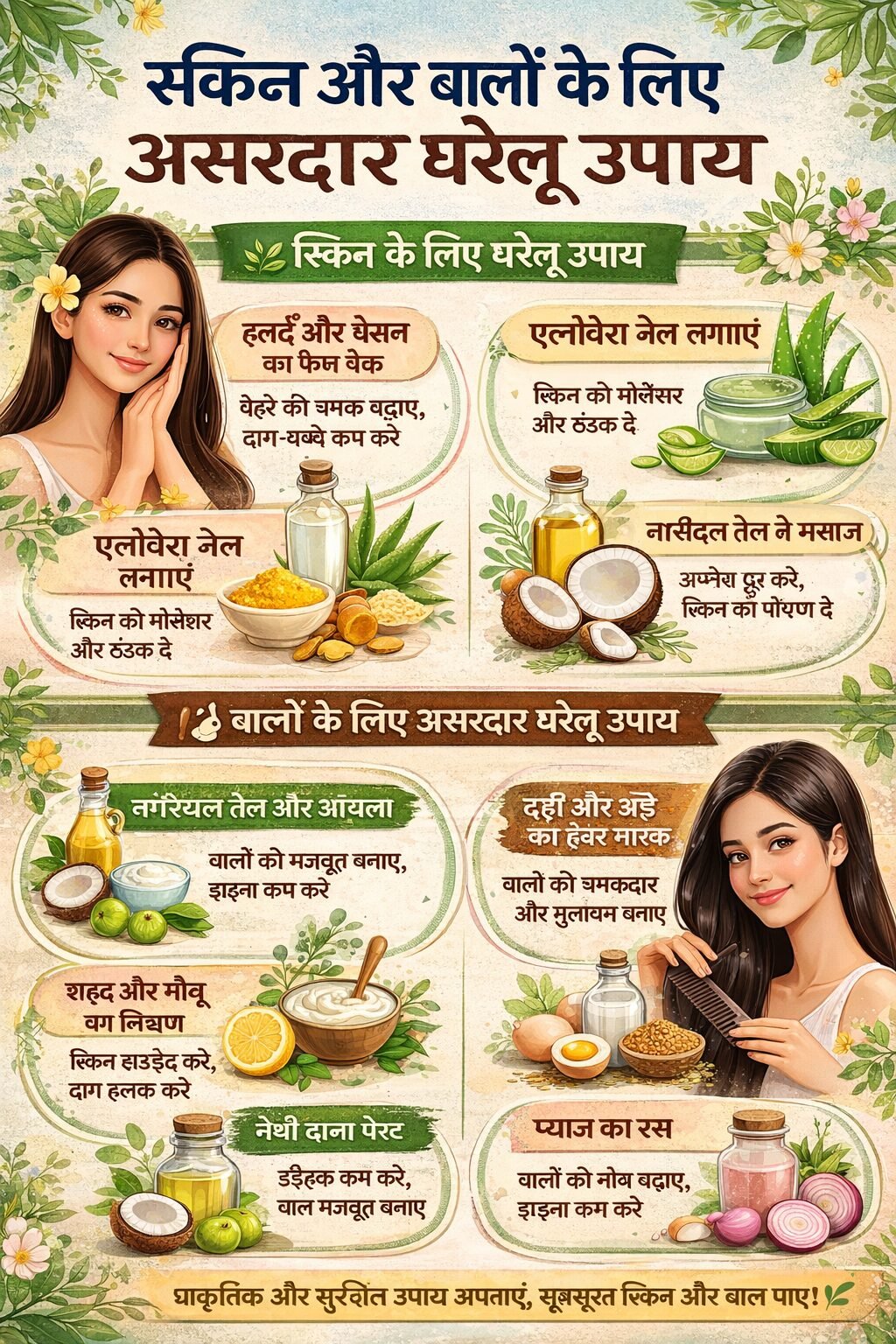 рд╕реНрдХрд┐рди рдФрд░ рдмрд╛рд▓реЛрдВ рдХреЗ рд▓рд┐рдП рдЕрд╕рд░рджрд╛рд░ рдШрд░реЗрд▓реВ рдЙрдкрд╛рдп рдЖрдЬ рдХреЗ рд╕рдордп рдореЗрдВ рд╣рд░ рдХреЛрдИ рдЪрд╛рд╣рддрд╛ рд╣реИ рдХрд┐ рдЙрд╕рдХреА рд╕реНрдХрд┐рди рдЧреНрд▓реЛрдЗрдВрдЧ рд╣реЛ рдФрд░ рдмрд╛рд▓ рдШрдиреЗ, рдордЬрдмреВрдд рдФрд░ рдЪрдордХрджрд╛рд░ рджрд┐рдЦреЗрдВред рд▓реЗрдХрд┐рди рдХреЗрдорд┐рдХрд▓ рдпреБрдХреНрдд рдкреНрд░реЛрдбрдХреНрдЯреНрд╕ рдХреЗ рдЬреНрдпрд╛рджрд╛ рдЗрд╕реНрддреЗрдорд╛рд▓ рд╕реЗ рдХрдИ рдмрд╛рд░ рд╕реНрдХрд┐рди рдФрд░ рдмрд╛рд▓реЛрдВ рдХреЛ рдиреБрдХрд╕рд╛рди рднреА рд╣реЛ рд╕рдХрддрд╛ рд╣реИред рдРрд╕реЗ рдореЗрдВ рдШрд░реЗрд▓реВ рдФрд░ рдкреНрд░рд╛рдХреГрддрд┐рдХ рдЙрдкрд╛рдп рд╕рдмрд╕реЗ рд╕реБрд░рдХреНрд╖рд┐рдд рдФрд░ рдЕрд╕рд░рджрд╛рд░ рд╡рд┐рдХрд▓реНрдк рд╣реЛрддреЗ рд╣реИрдВред ЁЯМ┐ рд╕реНрдХрд┐рди рдХреЗ рд▓рд┐рдП рдЕрд╕рд░рджрд╛рд░ рдШрд░реЗрд▓реВ рдЙрдкрд╛рдп 1. рд╣рд▓реНрджреА рдФрд░ рдмреЗрд╕рди рдХрд╛ рдлреЗрд╕ рдкреИрдХ рд╣рд▓реНрджреА рдореЗрдВ рдПрдВрдЯреА-рдмреИрдХреНрдЯреАрд░рд┐рдпрд▓ рдЧреБрдг рд╣реЛрддреЗ рд╣реИрдВ рдФрд░ рдмреЗрд╕рди рд╕реНрдХрд┐рди рдХреЛ рд╕рд╛рдл рдХрд░рддрд╛ рд╣реИред рджреЛрдиреЛрдВ рдХреЛ рджреВрдз рдпрд╛ рдЧреБрд▓рд╛рдм рдЬрд▓ рдореЗрдВ рдорд┐рд▓рд╛рдХрд░ рдлреЗрд╕ рдкрд░ рд▓рдЧрд╛рдПрдВред рдЗрд╕рд╕реЗ рд╕реНрдХрд┐рди рд╕рд╛рдл рдФрд░ рдЪрдордХрджрд╛рд░ рдмрдирддреА рд╣реИред 2. рдПрд▓реЛрд╡реЗрд░рд╛ рдЬреЗрд▓ рдХрд╛ рдЙрдкрдпреЛрдЧ рдПрд▓реЛрд╡реЗрд░рд╛ рд╕реНрдХрд┐рди рдХреЛ рдардВрдбрдХ рджреЗрддрд╛ рд╣реИ рдФрд░ рдореЙрдЗрд╕реНрдЪрд░рд╛рдЗрдЬ рдХрд░рддрд╛ рд╣реИред рд░реЛрдЬрд╛рдирд╛ рдПрд▓реЛрд╡реЗрд░рд╛ рдЬреЗрд▓ рд▓рдЧрд╛рдиреЗ рд╕реЗ рдкрд┐рдВрдкрд▓реНрд╕ рдФрд░ рджрд╛рдЧ-рдзрдмреНрдмреЗ рдХрдо рд╣реЛрддреЗ рд╣реИрдВред 3. рд╢рд╣рдж рдФрд░ рдиреАрдВрдмреВ рдХрд╛ рдорд┐рд╢реНрд░рдг рд╢рд╣рдж рд╕реНрдХрд┐рди рдХреЛ рд╣рд╛рдЗрдбреНрд░реЗрдЯ рдХрд░рддрд╛ рд╣реИ рдФрд░ рдиреАрдВрдмреВ рджрд╛рдЧ-рдзрдмреНрдмреЗ рд╣рд▓реНрдХреЗ рдХрд░рддрд╛ рд╣реИред рдЗрд╕реЗ 10тАУ15 рдорд┐рдирдЯ рдХреЗ рд▓рд┐рдП рд▓рдЧрд╛рдХрд░ рдзреЛ рд▓реЗрдВред 4. рдирд╛рд░рд┐рдпрд▓ рддреЗрд▓ рд╕реЗ рдорд╕рд╛рдЬ рдирд╛рд░рд┐рдпрд▓ рддреЗрд▓ рд╕реНрдХрд┐рди рдХреЛ рдкреЛрд╖рдг рджреЗрддрд╛ рд╣реИ рдФрд░ рдбреНрд░рд╛рдпрдиреЗрд╕ рджреВрд░ рдХрд░рддрд╛ рд╣реИред рд░рд╛рдд рдореЗрдВ рд╕реЛрдиреЗ рд╕реЗ рдкрд╣рд▓реЗ рд╣рд▓реНрдХреА рдорд╕рд╛рдЬ рдХрд░реЗрдВред ЁЯТЗ рдмрд╛рд▓реЛрдВ рдХреЗ рд▓рд┐рдП рдЕрд╕рд░рджрд╛рд░ рдШрд░реЗрд▓реВ рдЙрдкрд╛рдп 1. рдирд╛рд░рд┐рдпрд▓ рддреЗрд▓ рдФрд░ рдЖрдВрд╡рд▓рд╛ рдирд╛рд░рд┐рдпрд▓ рддреЗрд▓ рдореЗрдВ рдЖрдВрд╡рд▓рд╛ рдорд┐рд▓рд╛рдХрд░ рдмрд╛рд▓реЛрдВ рдХреА рдЬрдбрд╝реЛрдВ рдореЗрдВ рд▓рдЧрд╛рдПрдВред рдЗрд╕рд╕реЗ рдмрд╛рд▓ рдордЬрдмреВрдд рд╣реЛрддреЗ рд╣реИрдВ рдФрд░ рдЭрдбрд╝рдирд╛ рдХрдо рд╣реЛрддрд╛ рд╣реИред 2. рджрд╣реА рдФрд░ рдЕрдВрдбреЗ рдХрд╛ рд╣реЗрдпрд░ рдорд╛рд╕реНрдХ рджрд╣реА рдмрд╛рд▓реЛрдВ рдХреЛ рдореБрд▓рд╛рдпрдо рдмрдирд╛рддрд╛ рд╣реИ рдФрд░ рдЕрдВрдбрд╛ рдкреНрд░реЛрдЯреАрди рджреЗрддрд╛ рд╣реИред рдпрд╣ рдорд╛рд╕реНрдХ рдмрд╛рд▓реЛрдВ рдХреЛ рдЪрдордХрджрд╛рд░ рдФрд░ рд╣реЗрд▓реНрджреА рдмрдирд╛рддрд╛ рд╣реИред 3. рдореЗрдереА рджрд╛рдирд╛ рдкреЗрд╕реНрдЯ рдореЗрдереА рджрд╛рдирд╛ рднрд┐рдЧреЛрдХрд░ рдЙрд╕рдХрд╛ рдкреЗрд╕реНрдЯ рдмрдирд╛рдПрдВ рдФрд░ рдмрд╛рд▓реЛрдВ рдореЗрдВ рд▓рдЧрд╛рдПрдВред рдЗрд╕рд╕реЗ рдбреИрдВрдбреНрд░рдл рдХрдо рд╣реЛрддрд╛ рд╣реИ рдФрд░ рдмрд╛рд▓ рдордЬрдмреВрдд рд╣реЛрддреЗ рд╣реИрдВред 4. рдкреНрдпрд╛рдЬ рдХрд╛ рд░рд╕ рдкреНрдпрд╛рдЬ рдХрд╛ рд░рд╕ рдмрд╛рд▓реЛрдВ рдХреА рдЧреНрд░реЛрде рдмрдврд╝рд╛рдиреЗ рдореЗрдВ рдорджрдж рдХрд░рддрд╛ рд╣реИред рдЗрд╕реЗ рд╕реНрдХреИрд▓реНрдк рдкрд░ рд▓рдЧрд╛рдХрд░ 20тАУ30 рдорд┐рдирдЯ рдмрд╛рдж рдзреЛ рд▓реЗрдВред тЪая╕П рдХрд┐рди рдмрд╛рддреЛрдВ рдХрд╛ рдзреНрдпрд╛рди рд░рдЦреЗрдВ? рдмрд╣реБрдд рдЬреНрдпрд╛рджрд╛ рдХреЗрдорд┐рдХрд▓ рдкреНрд░реЛрдбрдХреНрдЯреНрд╕ рдХрд╛ рдЗрд╕реНрддреЗрдорд╛рд▓ рди рдХрд░реЗрдВ рд╕рдВрддреБрд▓рд┐рдд рдЖрд╣рд╛рд░ рд▓реЗрдВ рдФрд░ рдкрд╛рдиреА рдЬреНрдпрд╛рджрд╛ рдкрд┐рдПрдВ рд░реЛрдЬрд╛рдирд╛ рд╕реНрдХрд┐рди рдФрд░ рдмрд╛рд▓реЛрдВ рдХреА рд╕рдлрд╛рдИ рд░рдЦреЗрдВ рдЬреНрдпрд╛рджрд╛ рдЧрд░реНрдо рдкрд╛рдиреА рд╕реЗ рдмрд╛рд▓ рди рдзреЛрдПрдВ ЁЯУЭ рдирд┐рд╖реНрдХрд░реНрд╖ рдШрд░реЗрд▓реВ рдЙрдкрд╛рдп рди рдХреЗрд╡рд▓ рд╕рд╕реНрддреЗ рд╣реЛрддреЗ рд╣реИрдВ, рдмрд▓реНрдХрд┐ рд▓рдВрдмреЗ рд╕рдордп рддрдХ рд╕реБрд░рдХреНрд╖рд┐рдд рднреА рд░рд╣рддреЗ рд╣реИрдВред рдЕрдЧрд░ рдЖрдк рдирд┐рдпрдорд┐рдд рд░реВрдк рд╕реЗ рдЗрди рдЙрдкрд╛рдпреЛрдВ рдХреЛ рдЕрдкрдирд╛рддреЗ рд╣реИрдВ, рддреЛ рдЖрдкрдХреА рд╕реНрдХрд┐рди рдФрд░ рдмрд╛рд▓ рджреЛрдиреЛрдВ рд╣реЗрд▓реНрджреА рдФрд░ рдЦреВрдмрд╕реВрд░рдд рдмрди рд╕рдХрддреЗ рд╣реИрдВред рдпрд╛рдж рд░рдЦреЗрдВ, рдкреНрд░рд╛рдХреГрддрд┐рдХ рджреЗрдЦрднрд╛рд▓ рд╣реА рдЕрд╕рд▓реА рд╕реБрдВрджрд░рддрд╛ рдХреА рдХреБрдВрдЬреА рд╣реИред ЁЯМ┐