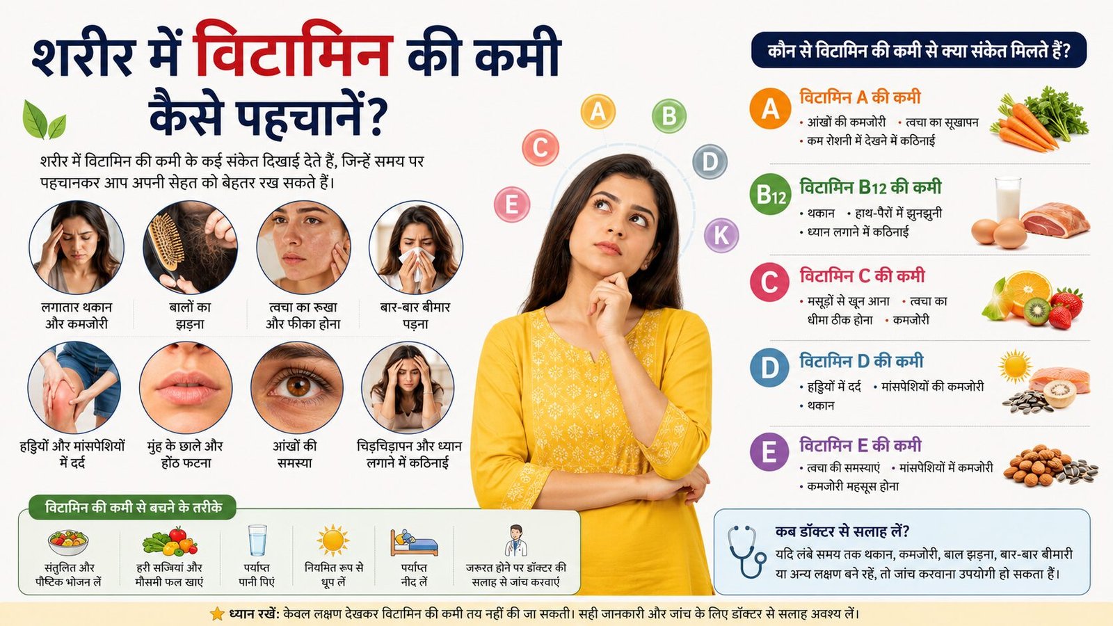 शरीर में विटामिन की कमी कैसे पहचानें हमारे शरीर को स्वस्थ रखने के लिए विटामिन बहुत महत्वपूर्ण होते हैं। विटामिन शरीर की वृद्धि, ऊर्जा, रोग प्रतिरोधक क्षमता और अंगों के सही कार्य के लिए आवश्यक होते हैं। जब शरीर में किसी विटामिन की कमी होने लगती है, तो कई छोटे-बड़े संकेत दिखाई देने लगते हैं। कई बार लोग इन संकेतों को सामान्य थकान या मौसम का प्रभाव समझकर नजरअंदाज कर देते हैं। समय पर पहचान और सही खान-पान से इन समस्याओं को काफी हद तक रोका जा सकता है। विटामिन क्या होते हैं? विटामिन ऐसे पोषक तत्व हैं जिनकी शरीर को कम मात्रा में आवश्यकता होती है, लेकिन इनका काम बहुत महत्वपूर्ण होता है। अलग-अलग विटामिन शरीर में अलग-अलग कार्य करते हैं, जैसे ऊर्जा बनाना, हड्डियों को मजबूत रखना और त्वचा को स्वस्थ बनाए रखना। शरीर में विटामिन की कमी के सामान्य संकेत 1. लगातार थकान और कमजोरी अगर पर्याप्त आराम के बाद भी थकान महसूस हो रही है, तो यह विटामिन की कमी का संकेत हो सकता है। विशेष रूप से विटामिन B12 और विटामिन D की कमी से कमजोरी महसूस हो सकती है। 2. बालों का झड़ना जरूरत से ज्यादा बाल झड़ना कई कारणों से हो सकता है, लेकिन कुछ मामलों में विटामिन D, बायोटिन और अन्य पोषक तत्वों की कमी भी इसका कारण बन सकती है। 3. त्वचा का रूखा और फीका होना यदि त्वचा सामान्य से अधिक सूखी, बेजान या चमकहीन दिखाई दे रही है, तो यह कुछ विटामिन की कमी का संकेत हो सकता है। 4. बार-बार बीमार पड़ना अगर आपकी रोग प्रतिरोधक क्षमता कम हो रही है और बार-बार सर्दी या संक्रमण हो रहा है, तो शरीर को जरूरी पोषण नहीं मिल रहा हो सकता। 5. हड्डियों और मांसपेशियों में दर्द विटामिन D शरीर में कैल्शियम के उपयोग में मदद करता है। इसकी कमी से हड्डियों में दर्द या कमजोरी महसूस हो सकती है। 6. मुंह के छाले और होंठ फटना बार-बार मुंह में छाले होना या होंठों का फटना कुछ विटामिन की कमी से जुड़ा हो सकता है। 7. आंखों की समस्या रात में कम दिखाई देना या आंखों का सूखापन कुछ पोषण संबंधी कारणों से जुड़ा हो सकता है। अलग-अलग विटामिन की कमी के संकेत विटामिन A की कमी आंखों की कमजोरी त्वचा का सूखापन कम रोशनी में देखने में कठिनाई विटामिन B12 की कमी थकान हाथ-पैरों में झुनझुनी ध्यान लगाने में कठिनाई विटामिन C की कमी मसूड़ों से खून आना त्वचा का धीमा ठीक होना कमजोरी विटामिन D की कमी हड्डियों में दर्द मांसपेशियों की कमजोरी थकान विटामिन की कमी से बचने के तरीके संतुलित और पौष्टिक भोजन लें। हरी सब्जियां और मौसमी फल शामिल करें। पर्याप्त पानी पिएं। नियमित रूप से धूप लें (जहां उपयुक्त हो)। पर्याप्त नींद लें। जरूरत होने पर डॉक्टर की सलाह से जांच करवाएं। कब डॉक्टर से सलाह लें? यदि लंबे समय तक थकान, कमजोरी, बाल झड़ना, बार-बार बीमारी या अन्य लक्षण बने रहें, तो जांच करवाना उपयोगी हो सकता है। केवल लक्षण देखकर विटामिन की कमी तय नहीं की जा सकती; कई कारण एक जैसे लक्षण पैदा कर सकते हैं। निष्कर्ष शरीर हमें कई संकेत देता है जो यह बता सकते हैं कि उसे बेहतर पोषण की जरूरत है। समय पर ध्यान देकर, संतुलित भोजन अपनाकर और जरूरत पड़ने पर चिकित्सकीय सलाह लेकर स्वास्थ्य को बेहतर रखा जा सकता है। विटामिन की कमी को नजरअंदाज करने के बजाय उसके कारण को समझना अधिक उपयोगी होता है।