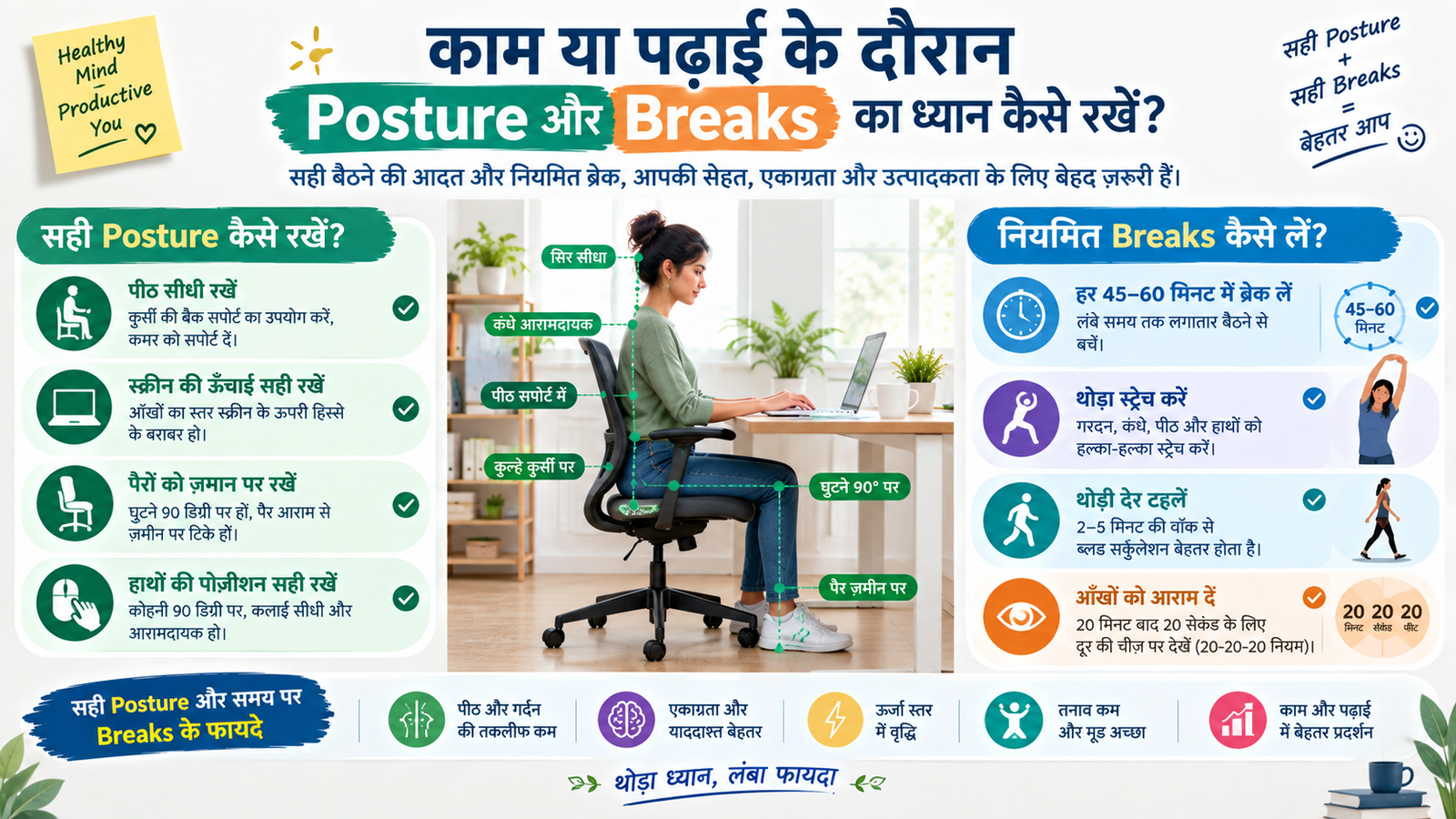 काम या पढ़ाई के दौरान Posture और Breaks का ध्यान कैसे रखें?