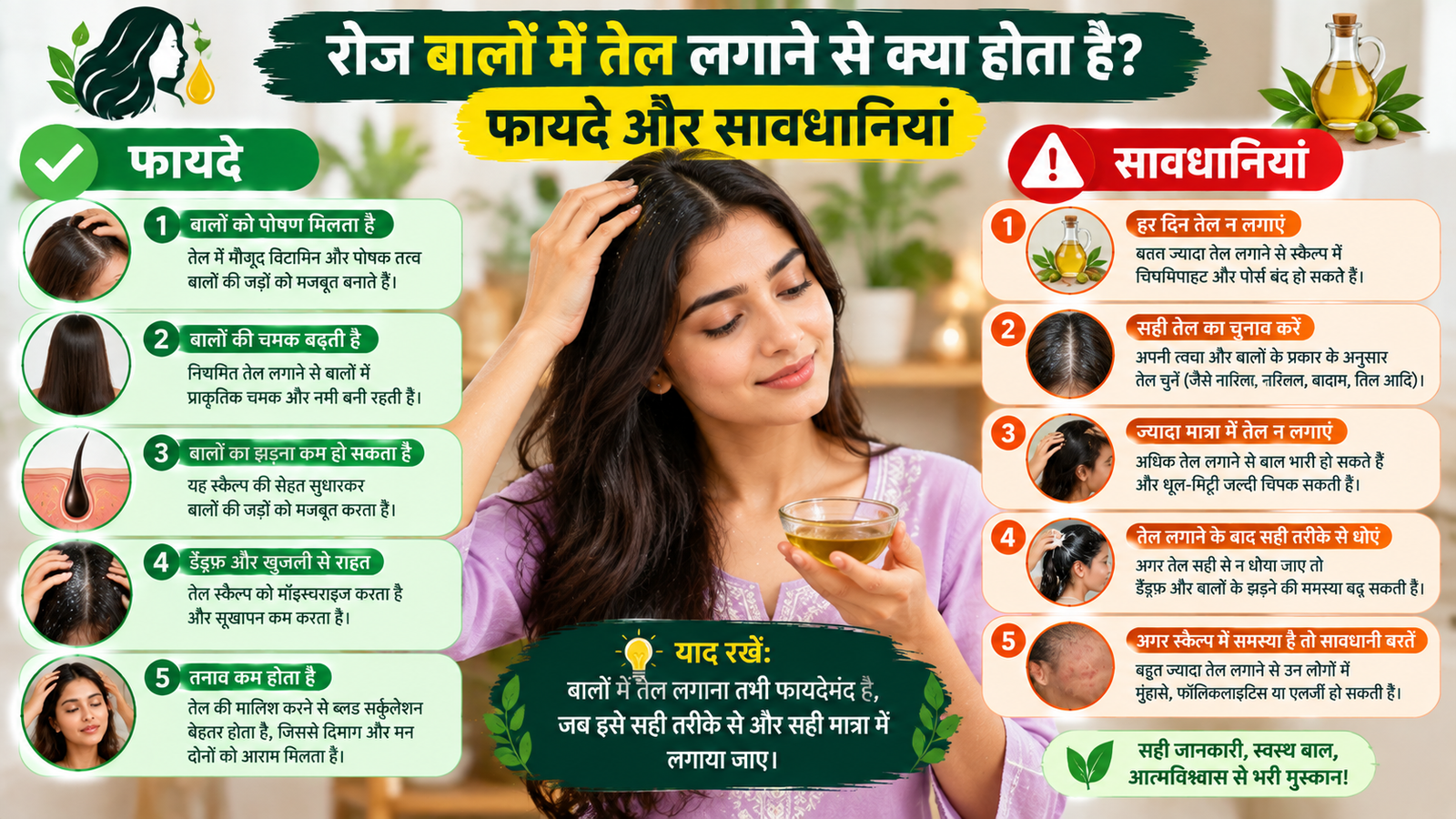 बालों में तेल: फायदे और सावधानियां