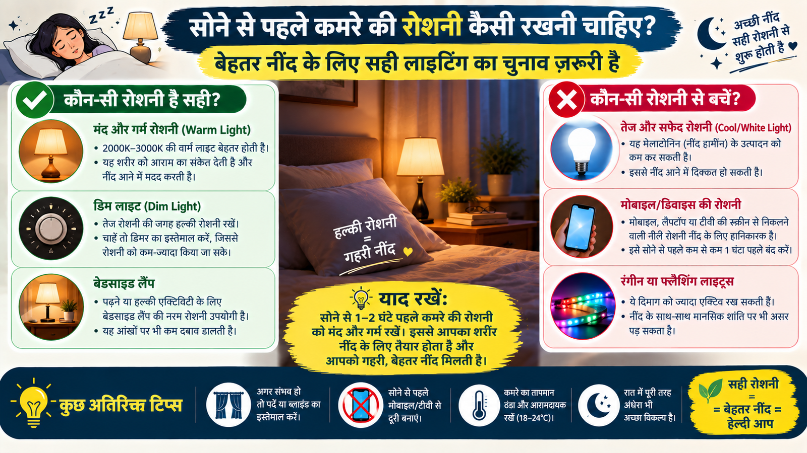 सोने से पहले सही रोशनी infographics